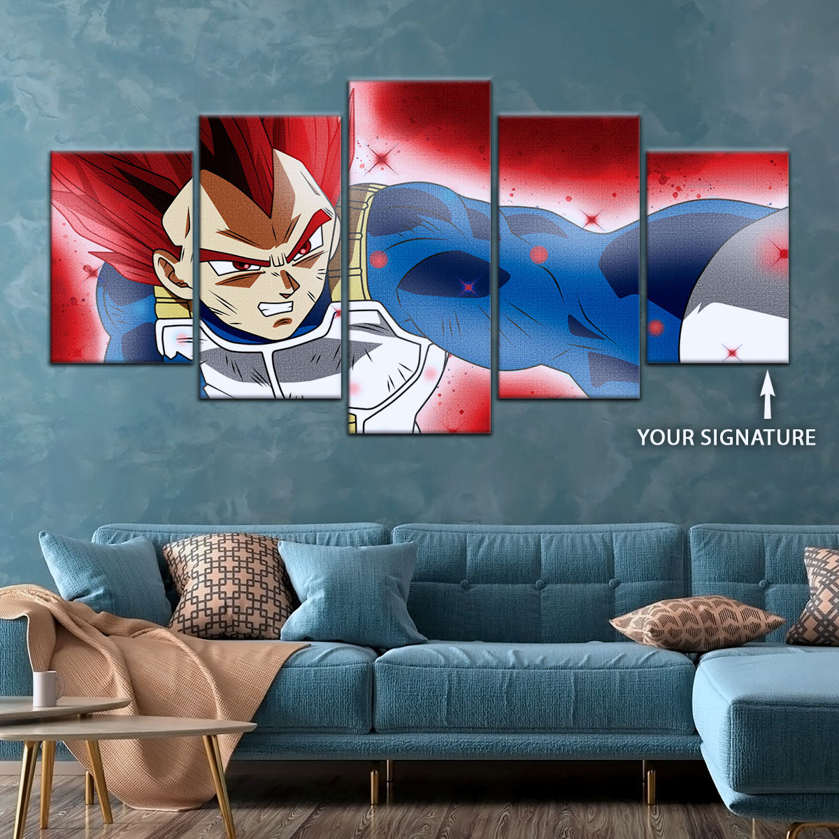 Dragon Ball Super Saiyan God Vegeta Canvas Wall Art - 5 Piece Split Panel DBZ Anime Poster - Framed Ready to Hang Living Room Man Cave Decor - DR5125