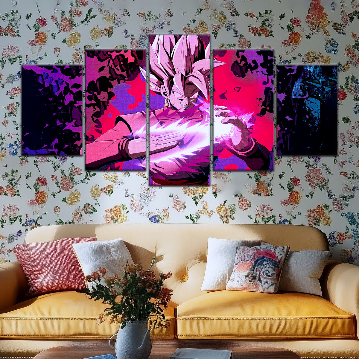 Dragon Ball Super Saiyan Rose Black Goku Canvas Wall Art - 5 Piece Split Panel DBZ Anime Poster - Ready to Hang Living Room Man Cave Decor - DR5007