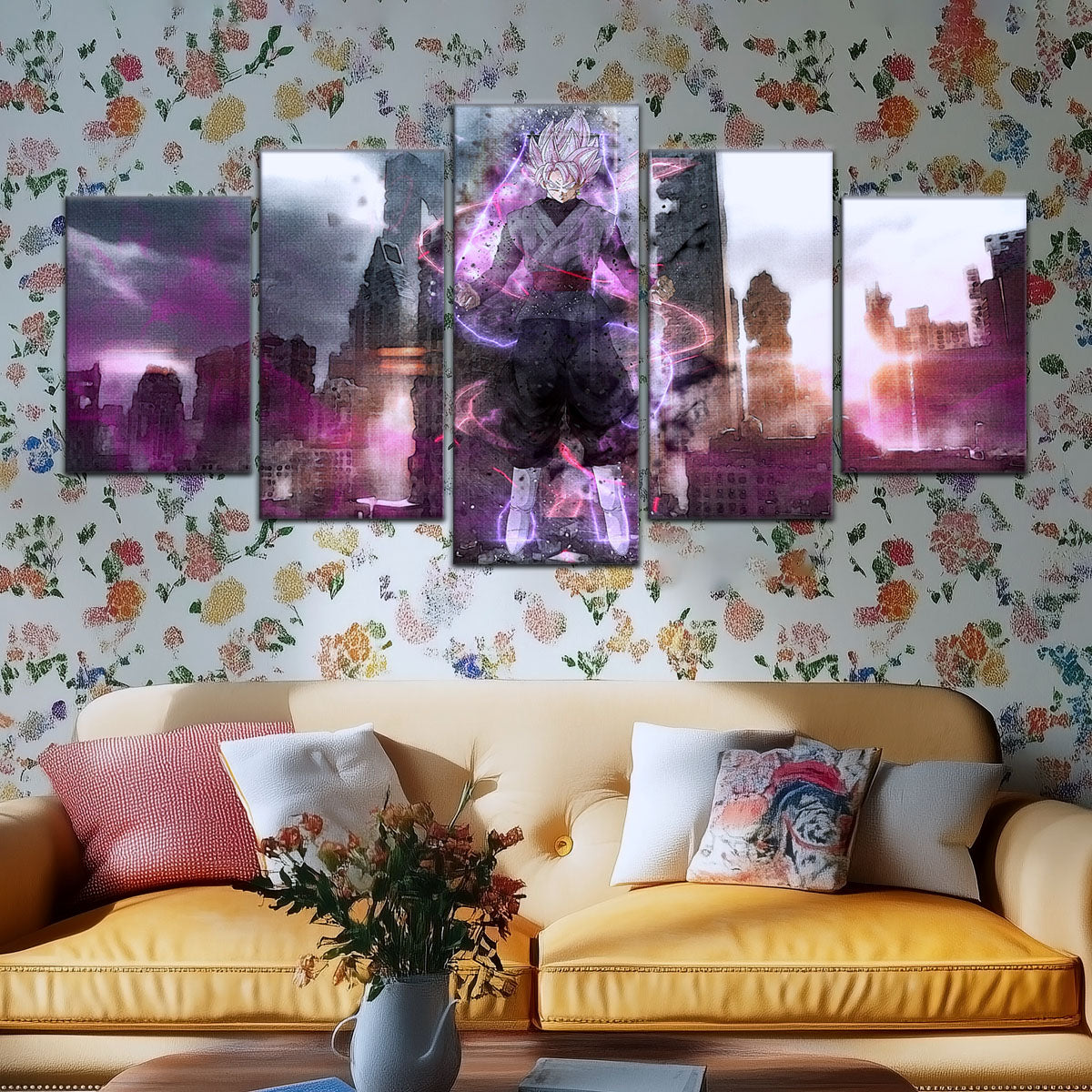 Dragon Ball Super Saiyan Rose Black Goku Canvas Wall Art - 5 Piece Split Panel DBZ Anime Poster - Ready to Hang Living Room Man Cave Decor - DR5008