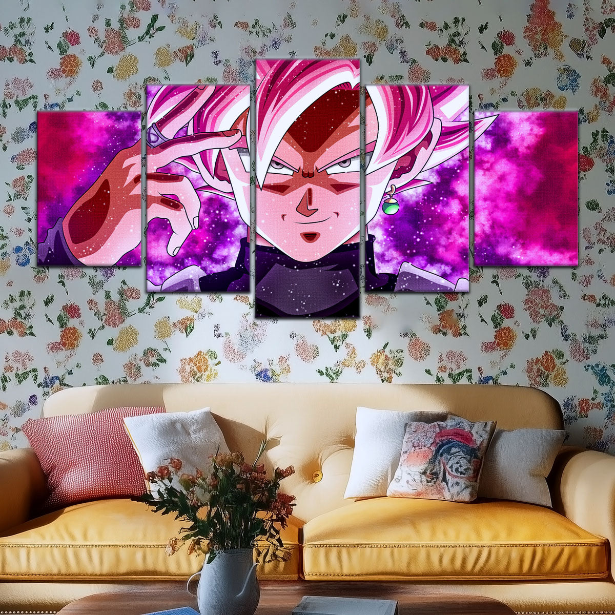 Dragon Ball Super Saiyan Rose Black Goku Canvas Wall Art - 5 Piece Split Panel DBZ Anime Poster - Ready to Hang Living Room Man Cave Decor - DR5134