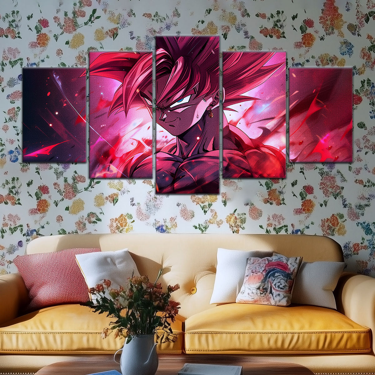 Dragon Ball Super Saiyan Rose Goku Black Canvas Wall Art - 5 Piece Split Panel DBZ Anime Poster - Ready to Hang Living Room Man Cave Decor - DR5073