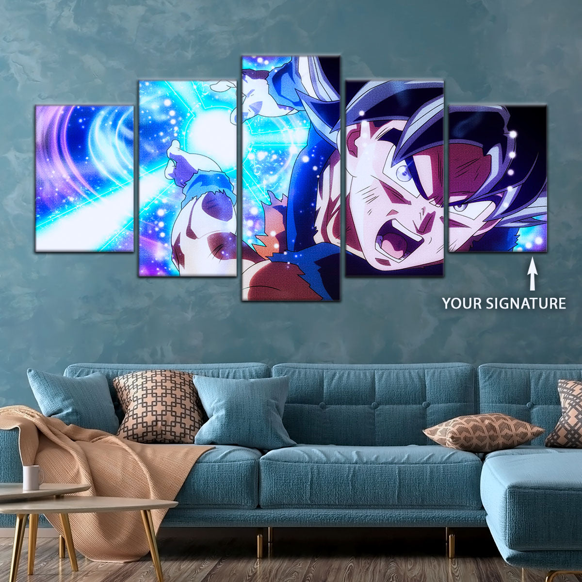 Dragon Ball Super Ultra Instinct Goku Canvas Wall Art - 5 Piece Split Panel Anime Poster - Framed Ready to Hang Living Room Man Cave Decor - DR5113