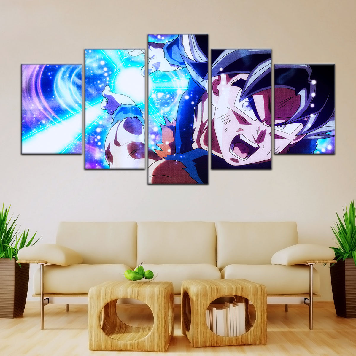 Dragon Ball Super Ultra Instinct Goku Canvas Wall Art - 5 Piece Split Panel Anime Poster - Framed Ready to Hang Living Room Man Cave Decor - DR5113