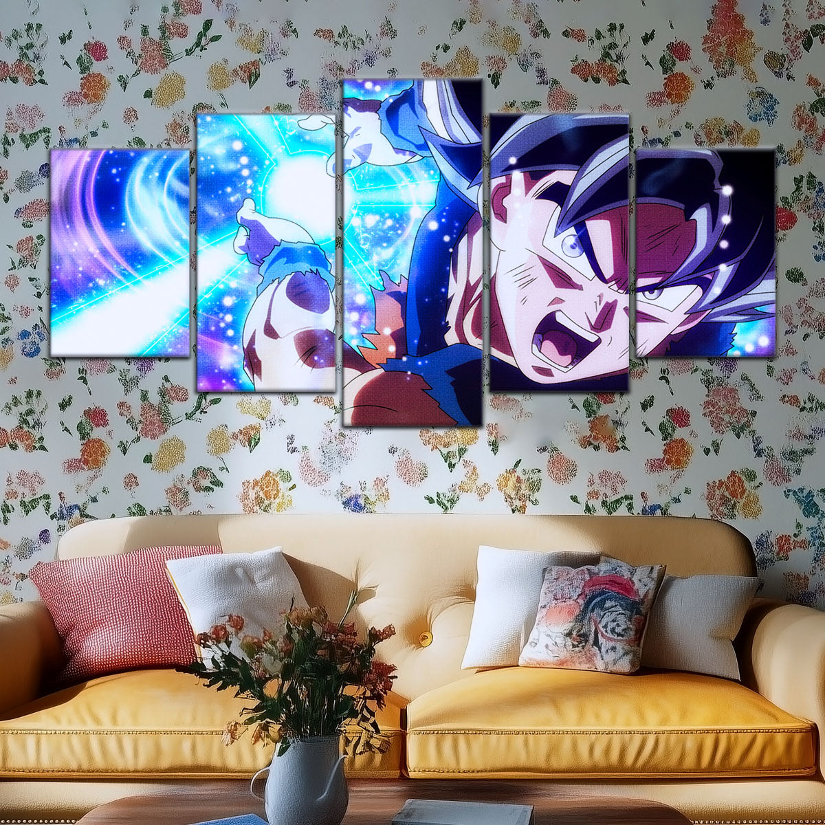 Dragon Ball Super Ultra Instinct Goku Canvas Wall Art - 5 Piece Split Panel Anime Poster - Framed Ready to Hang Living Room Man Cave Decor - DR5113