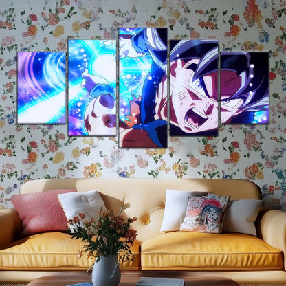 Dragon Ball Super Ultra Instinct Goku Canvas Wall Art - 5 Piece Split Panel Anime Poster - Framed Ready to Hang Living Room Man Cave Decor - DR5113