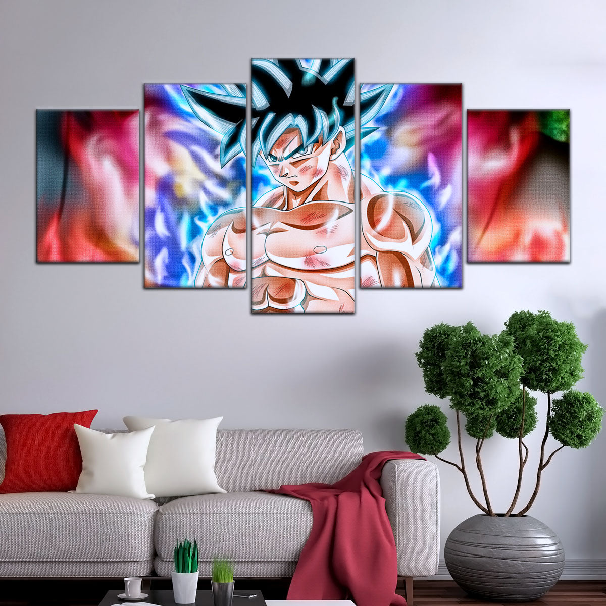 Dragon Ball Super Ultra Instinct Goku Canvas Wall Art - 5 Piece Split Panel DBZ Anime Poster - Framed Ready to Hang Living Room Man Cave Decor - DR5093