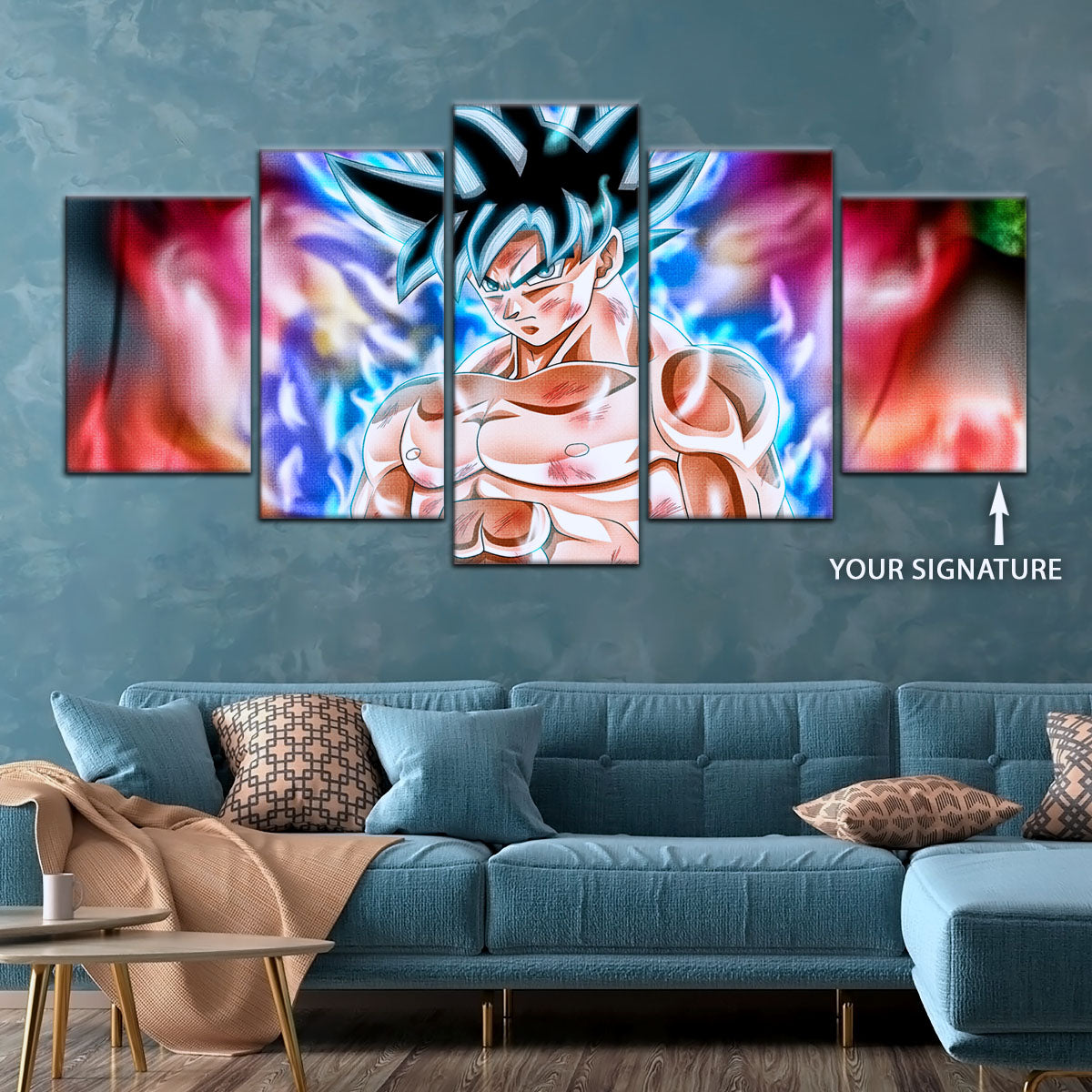Dragon Ball Super Ultra Instinct Goku Canvas Wall Art - 5 Piece Split Panel DBZ Anime Poster - Framed Ready to Hang Living Room Man Cave Decor - DR5093