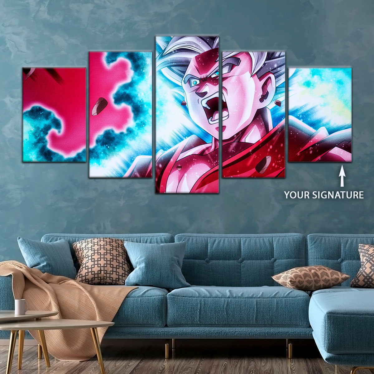 Dragon Ball Super Ultra Instinct Goku Canvas Wall Art - 5 Piece Split Panel DBZ Anime Poster - Ready to Hang Living Room Man Cave Decor - DR5088