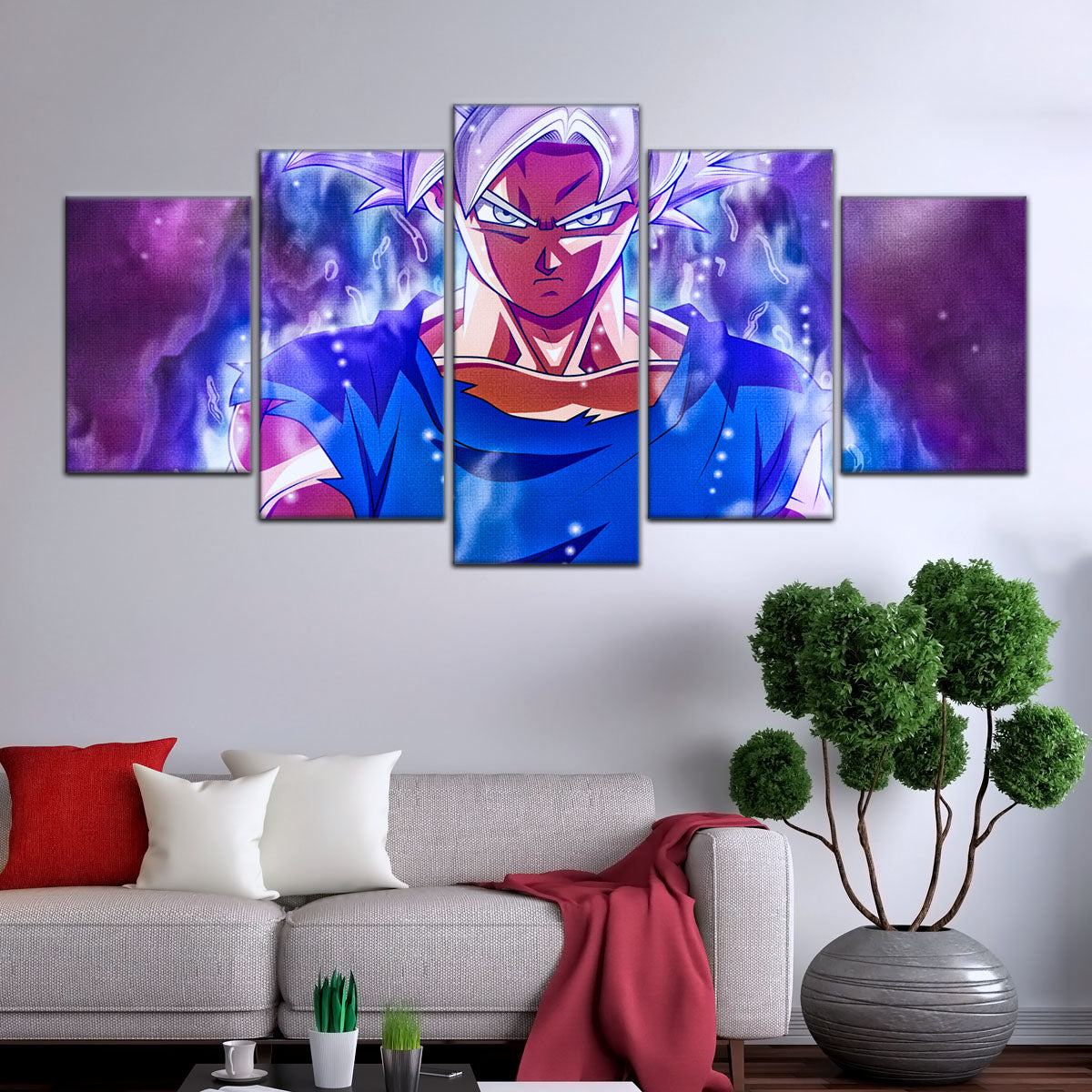 Dragon Ball Super Ultra Instinct Goku Canvas Wall Art - 5 Piece Split Panel DBZ Anime Poster - Ready to Hang Living Room Man Cave Decor - DR5090