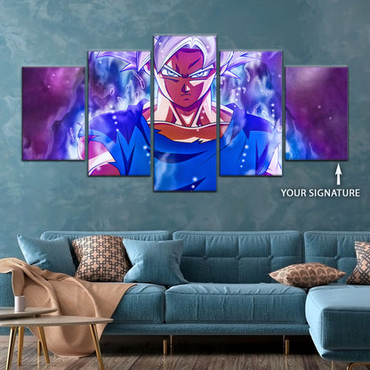 Dragon Ball Super Ultra Instinct Goku Canvas Wall Art - 5 Piece Split Panel DBZ Anime Poster - Ready to Hang Living Room Man Cave Decor - DR5090