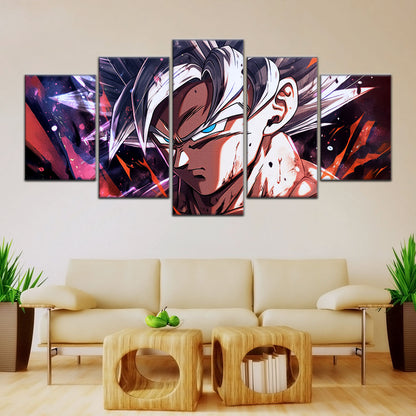 Dragon Ball Super Ultra Instinct Goku Canvas Wall Art - 5 Piece Split Panel DBZ Anime Poster - Ready to Hang Living Room Man Cave Decor - DR5091