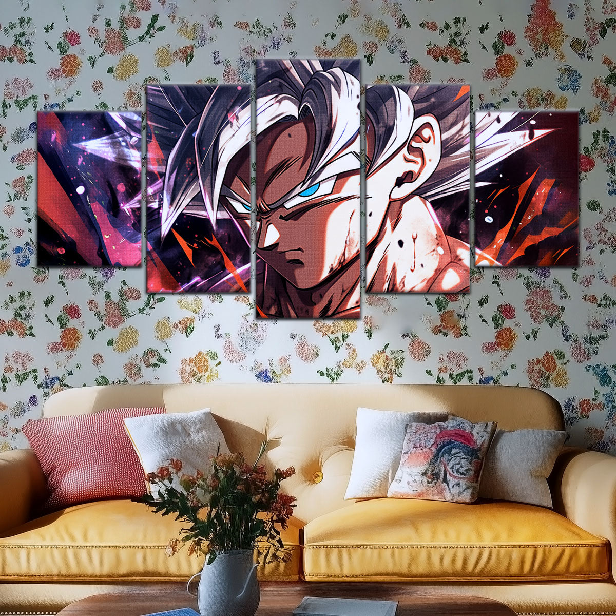 Dragon Ball Super Ultra Instinct Goku Canvas Wall Art - 5 Piece Split Panel DBZ Anime Poster - Ready to Hang Living Room Man Cave Decor - DR5091