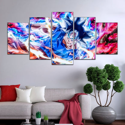 Dragon Ball Super Ultra Instinct Goku Canvas Wall Art - 5 Piece Split Panel DBZ Anime Poster - Ready to Hang Living Room Man Cave Decor - DR5092