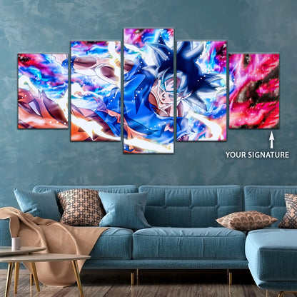 Dragon Ball Super Ultra Instinct Goku Canvas Wall Art - 5 Piece Split Panel DBZ Anime Poster - Ready to Hang Living Room Man Cave Decor - DR5092