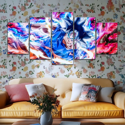 Dragon Ball Super Ultra Instinct Goku Canvas Wall Art - 5 Piece Split Panel DBZ Anime Poster - Ready to Hang Living Room Man Cave Decor - DR5092
