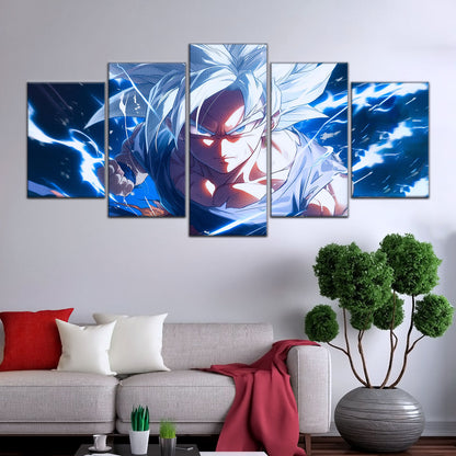 Dragon Ball Super Ultra Instinct Goku Canvas Wall Art - 5 Piece Split Panel DBZ Anime Poster - Ready to Hang Living Room Man Cave Decor - DR5094