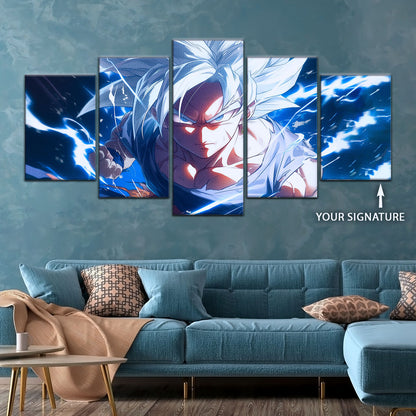 Dragon Ball Super Ultra Instinct Goku Canvas Wall Art - 5 Piece Split Panel DBZ Anime Poster - Ready to Hang Living Room Man Cave Decor - DR5094