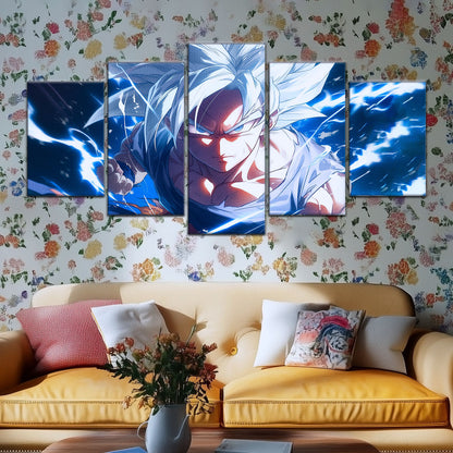 Dragon Ball Super Ultra Instinct Goku Canvas Wall Art - 5 Piece Split Panel DBZ Anime Poster - Ready to Hang Living Room Man Cave Decor - DR5094