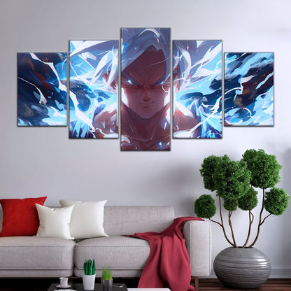 Dragon Ball Super Ultra Instinct Goku Canvas Wall Art - 5 Piece Split Panel DBZ Anime Poster - Ready to Hang Living Room Man Cave Decor - DR5095