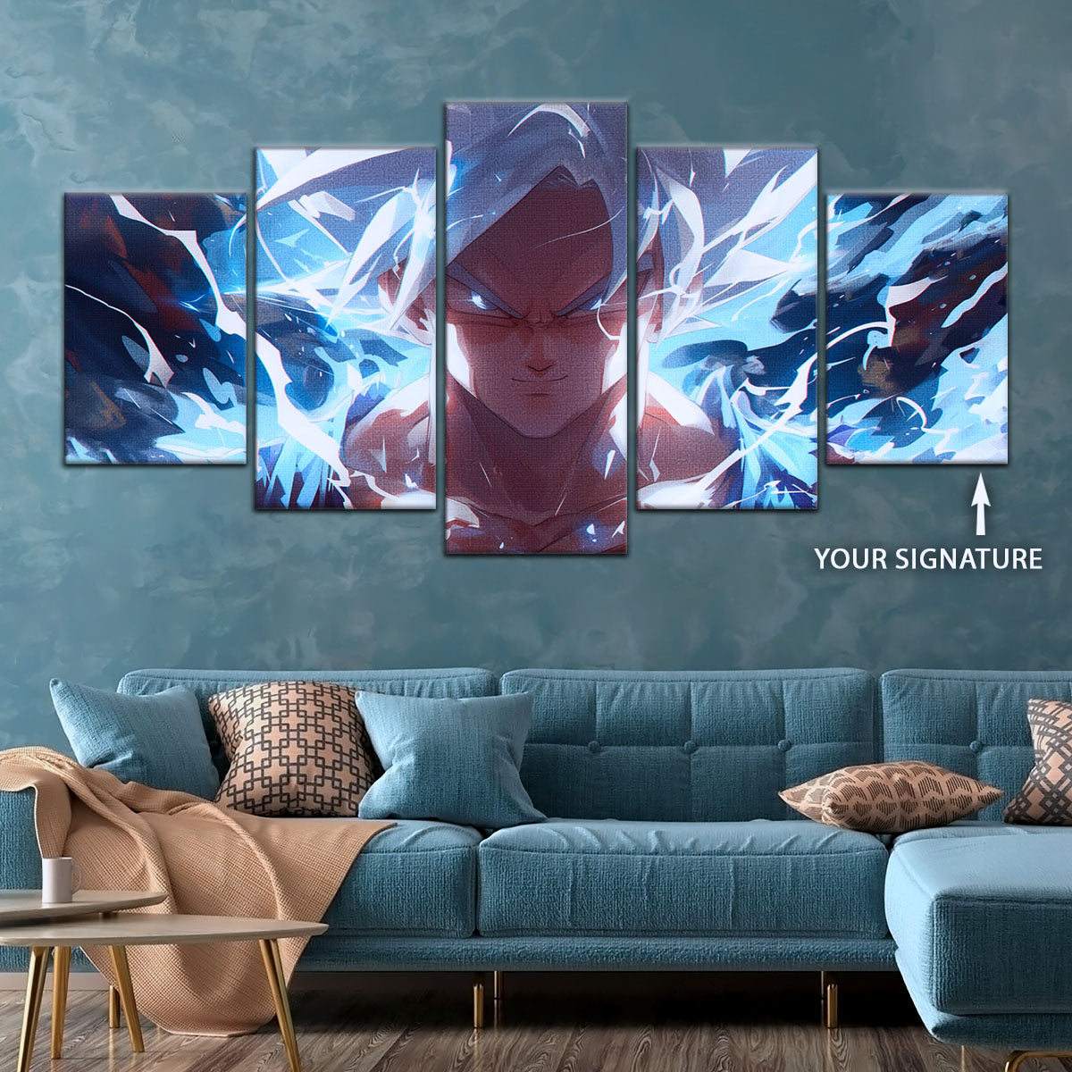 Dragon Ball Super Ultra Instinct Goku Canvas Wall Art - 5 Piece Split Panel DBZ Anime Poster - Ready to Hang Living Room Man Cave Decor - DR5095