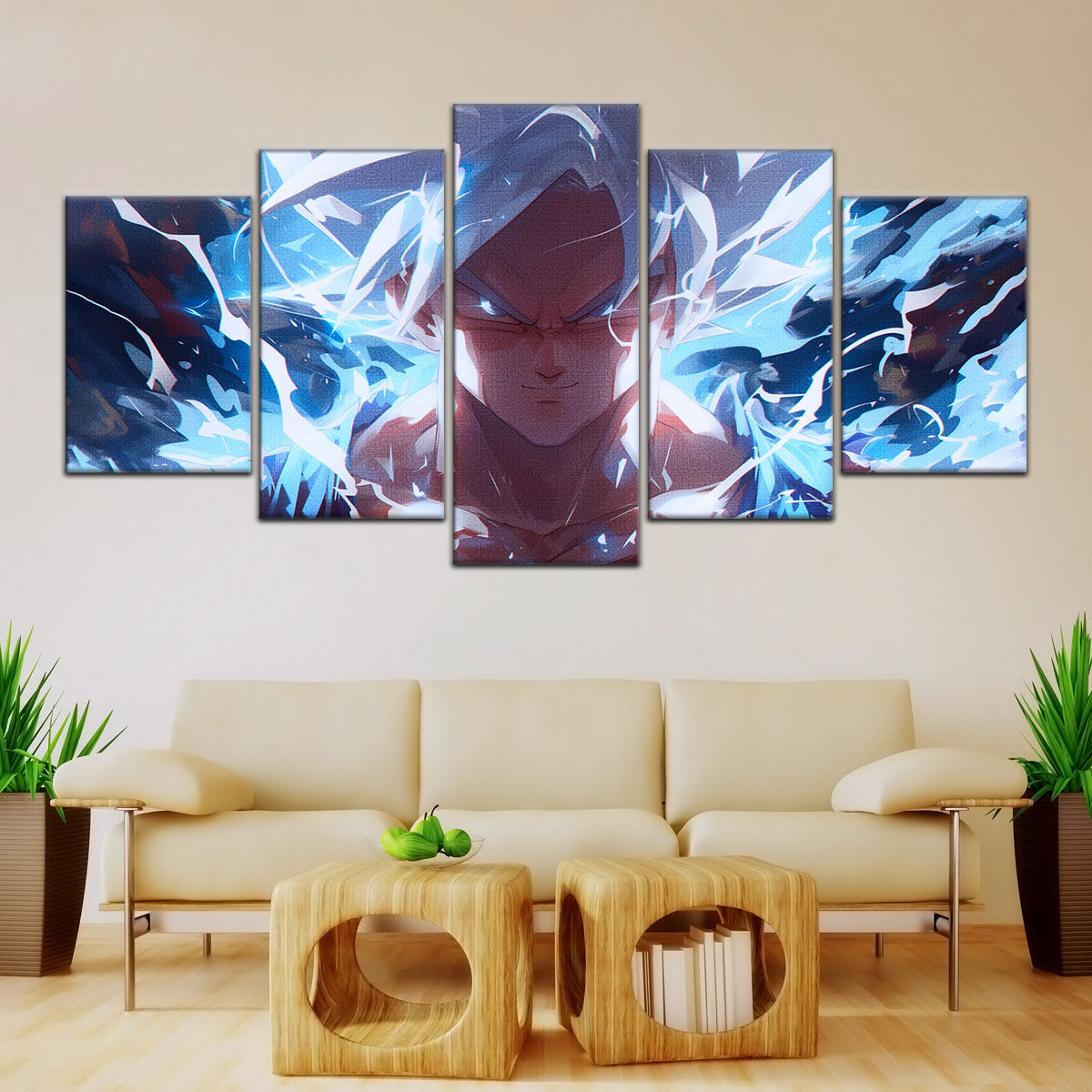 Dragon Ball Super Ultra Instinct Goku Canvas Wall Art - 5 Piece Split Panel DBZ Anime Poster - Ready to Hang Living Room Man Cave Decor - DR5095