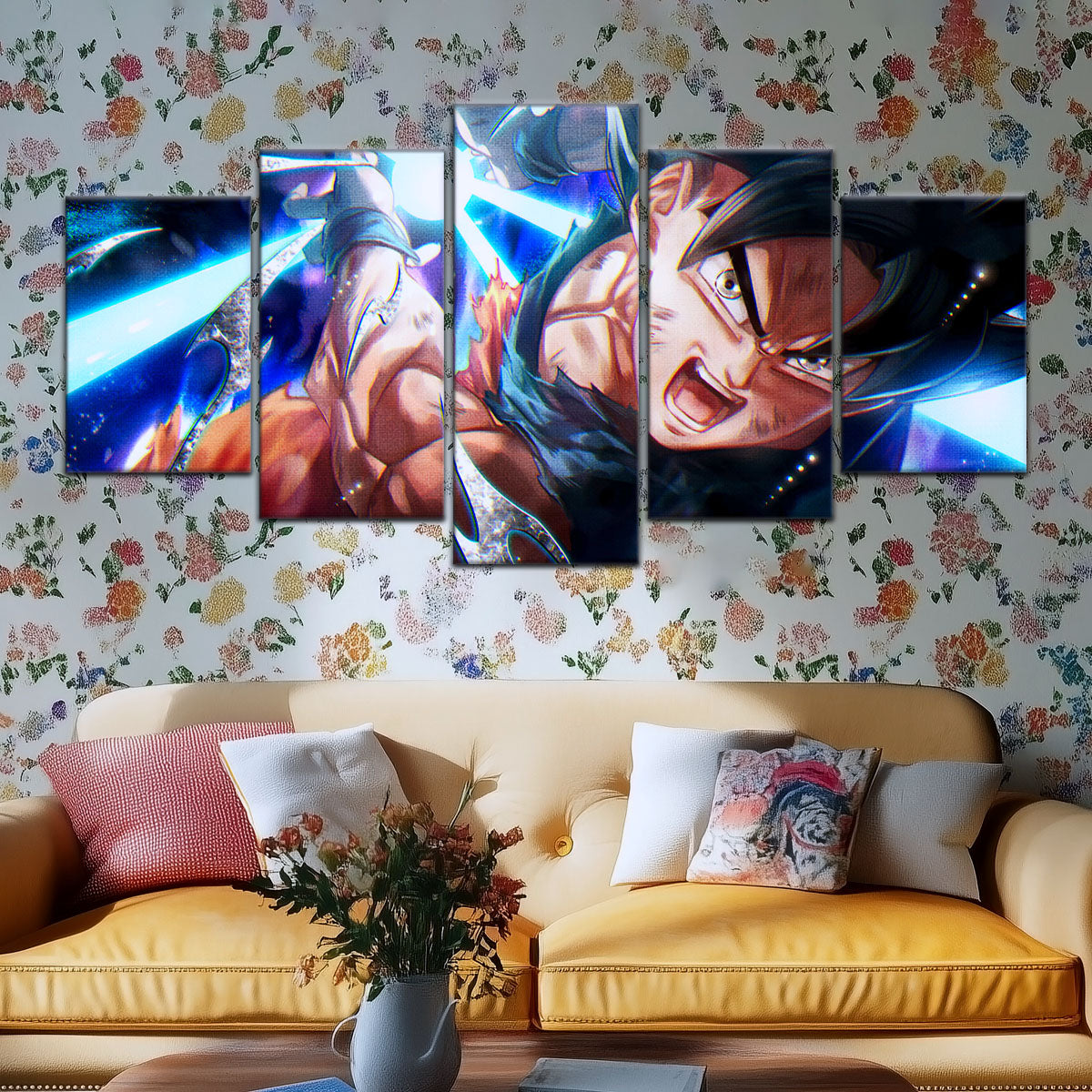 Dragon Ball Super Ultra Instinct Goku Canvas Wall Art - 5 Piece Split Panel DBZ Anime Poster - Ready to Hang Living Room Man Cave Decor - DR5097