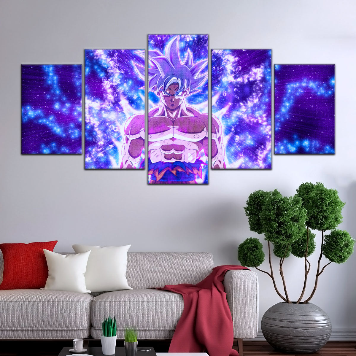Dragon Ball Super Ultra Instinct Goku Canvas Wall Art - 5 Piece Split Panel DBZ Anime Poster - Ready to Hang Living Room Man Cave Decor - DR5098
