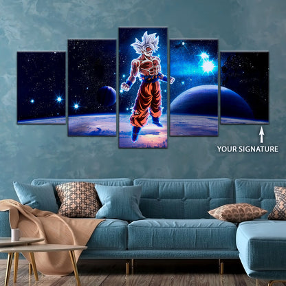 Dragon Ball Super Ultra Instinct Goku Canvas Wall Art - 5 Piece Split Panel DBZ Anime Poster - Ready to Hang Living Room Man Cave Decor - DR5099