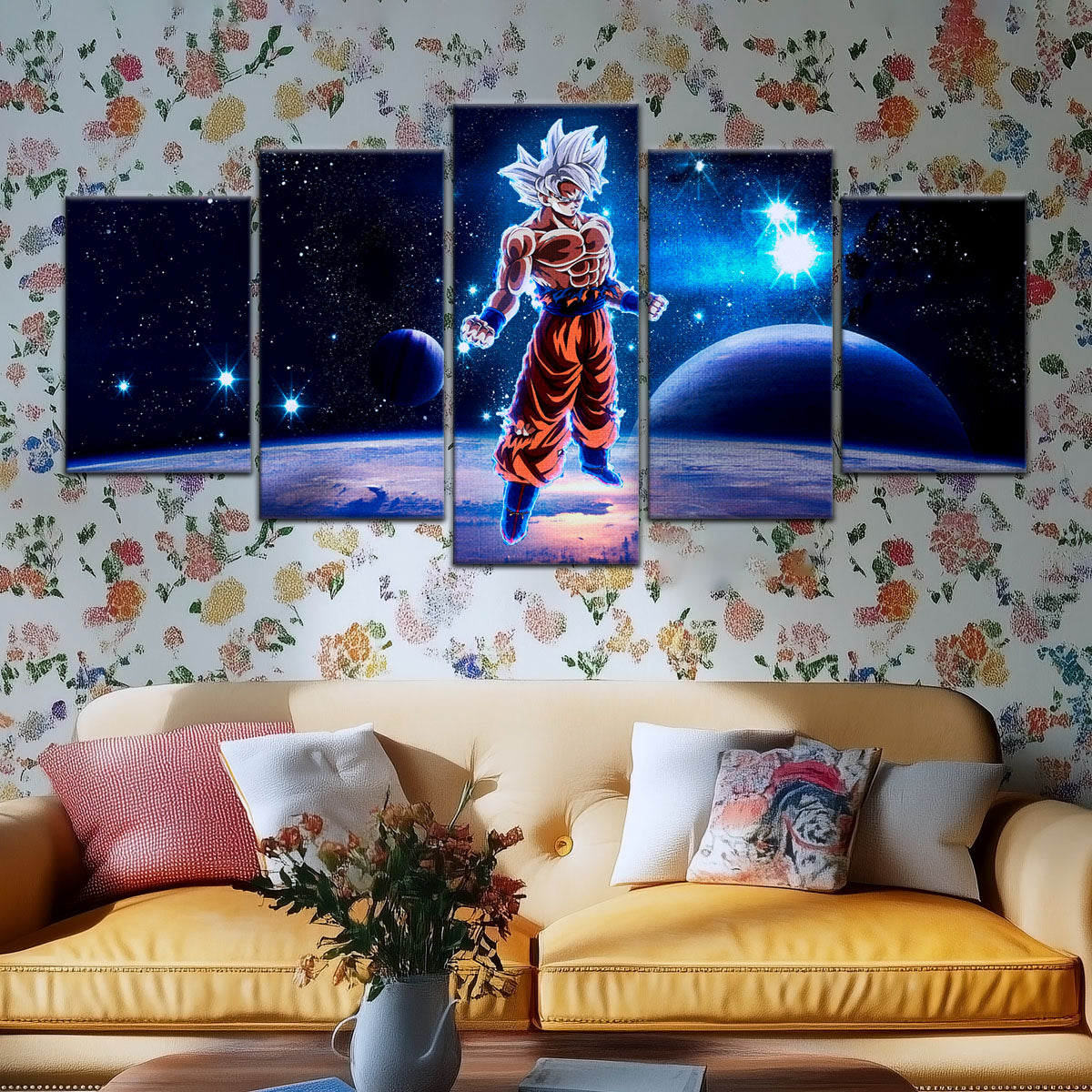 Dragon Ball Super Ultra Instinct Goku Canvas Wall Art - 5 Piece Split Panel DBZ Anime Poster - Ready to Hang Living Room Man Cave Decor - DR5099