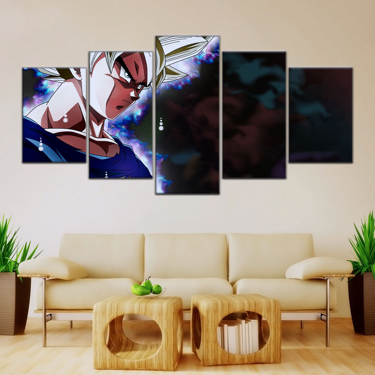Dragon Ball Super Ultra Instinct Goku Canvas Wall Art - 5 Piece Split Panel DBZ Anime Poster - Ready to Hang Living Room Man Cave Decor - DR5101