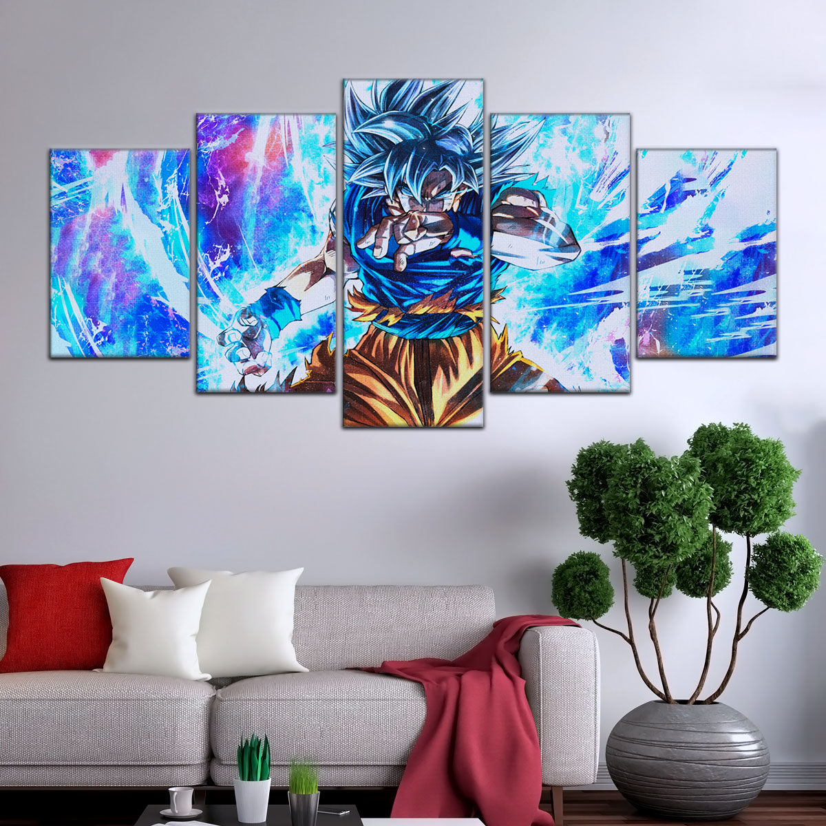 Dragon Ball Super Ultra Instinct Goku Canvas Wall Art - 5 Piece Split Panel DBZ Anime Poster - Ready to Hang Living Room Man Cave Decor - DR5114