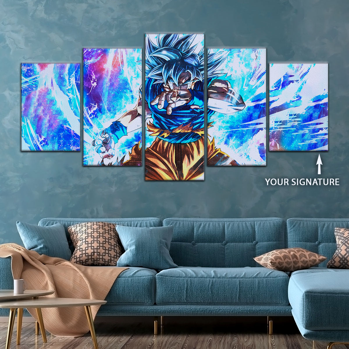 Dragon Ball Super Ultra Instinct Goku Canvas Wall Art - 5 Piece Split Panel DBZ Anime Poster - Ready to Hang Living Room Man Cave Decor - DR5114