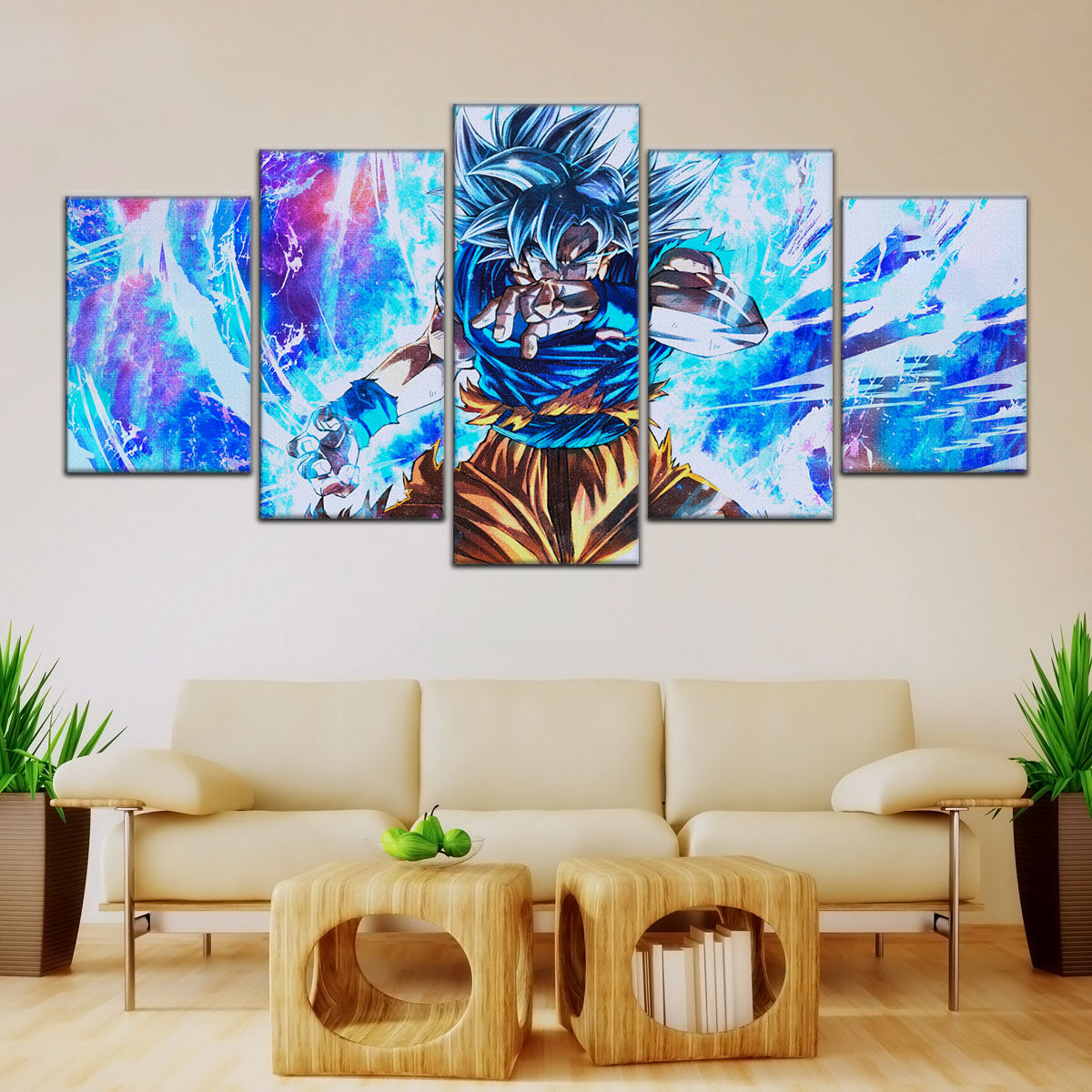Dragon Ball Super Ultra Instinct Goku Canvas Wall Art - 5 Piece Split Panel DBZ Anime Poster - Ready to Hang Living Room Man Cave Decor - DR5114