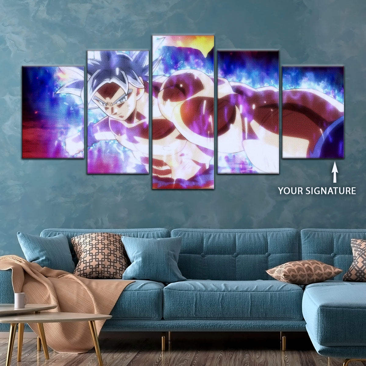 Dragon Ball Super Ultra Instinct Goku Canvas Wall Art - 5 Piece Split Panel DBZ Poster - Framed Ready to Hang Living Room Man Cave Decor - DR5100