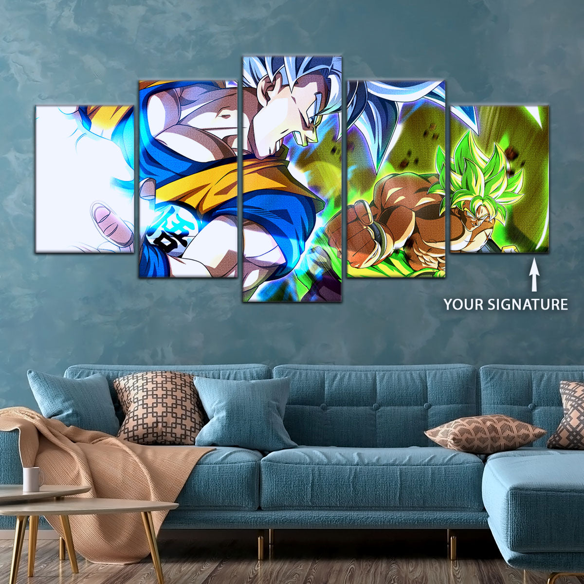 Dragon Ball Super Ultra Instinct Goku vs Broly Canvas Wall Art - 5 Piece Split Panel DBZ Poster - Ready to Hang Living Room Man Cave Decor - DR5024