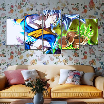 Dragon Ball Super Ultra Instinct Goku vs Broly Canvas Wall Art - 5 Piece Split Panel DBZ Poster - Ready to Hang Living Room Man Cave Decor - DR5024