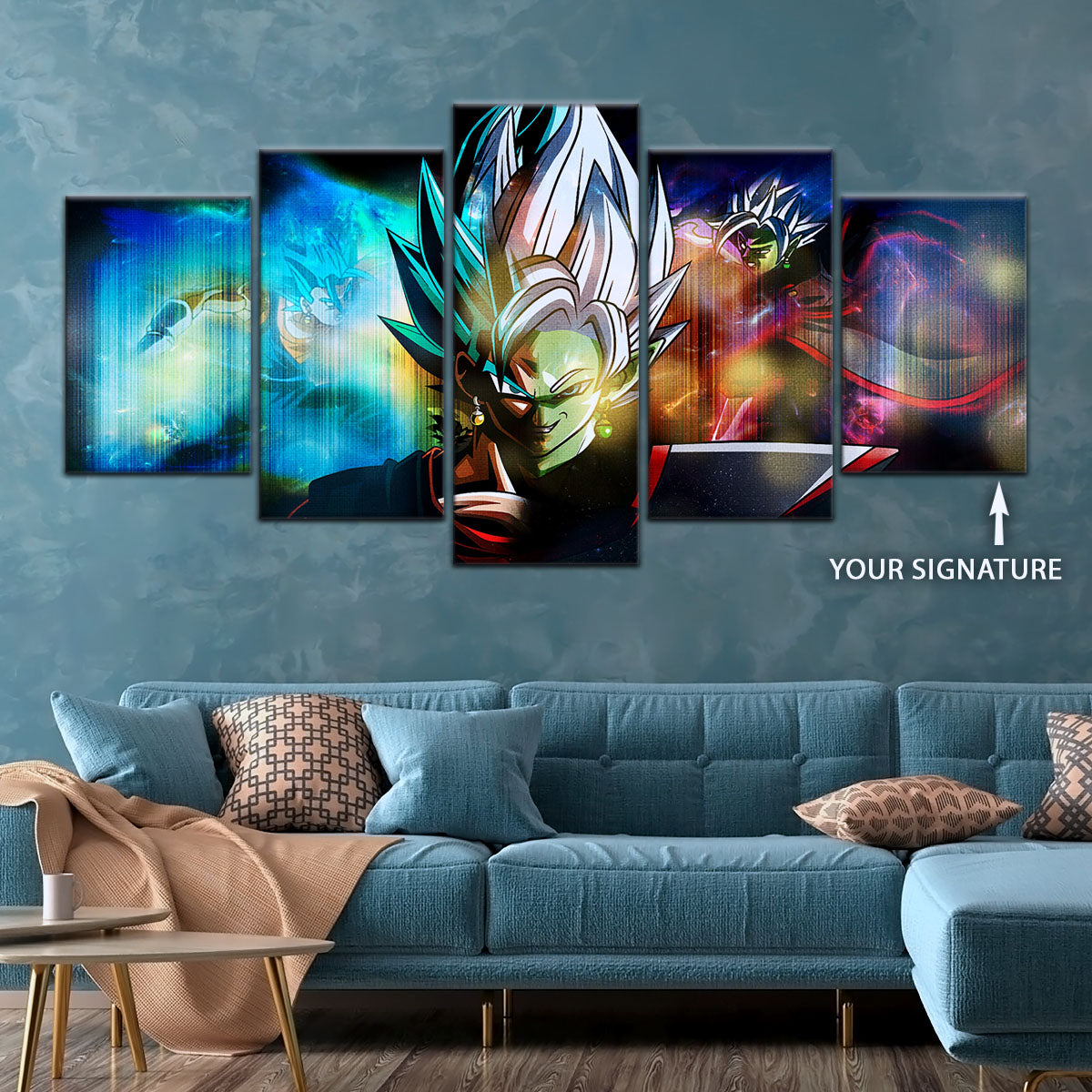 Dragon Ball Super Zamasu vs Vegito Canvas Wall Art - 5 Piece Split Panel DBZ Anime Poster - Framed Ready to Hang Living Room Man Cave Decor - DR5138