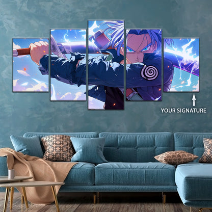 Dragon Ball Z Future Trunks Canvas Wall Art - 5 Piece Split Panel Anime Poster - Framed Ready to Hang Living Room Man Cave Decor - DR5109