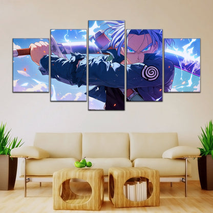 Dragon Ball Z Future Trunks Canvas Wall Art - 5 Piece Split Panel Anime Poster - Framed Ready to Hang Living Room Man Cave Decor - DR5109