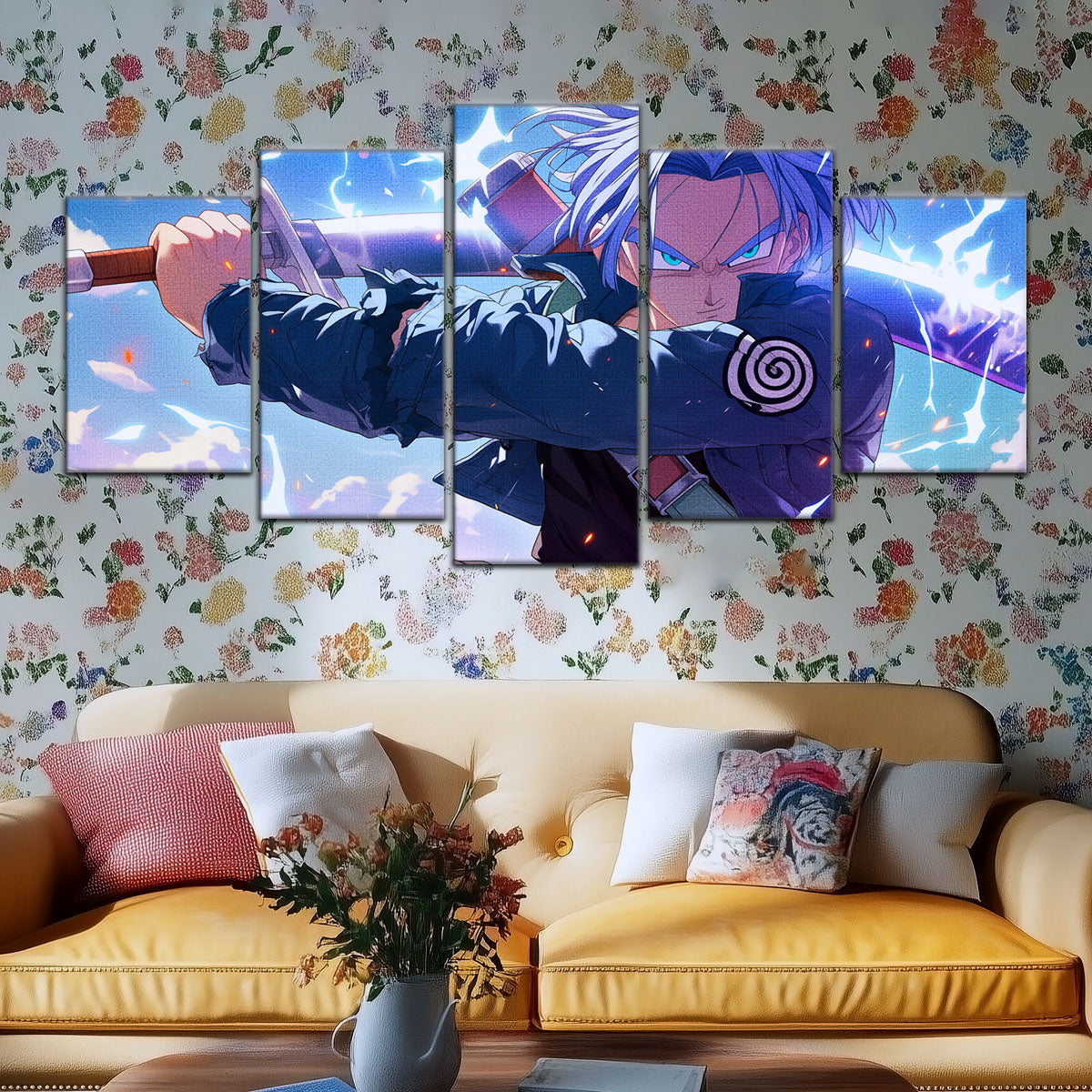 Dragon Ball Z Future Trunks Canvas Wall Art - 5 Piece Split Panel Anime Poster - Framed Ready to Hang Living Room Man Cave Decor - DR5109