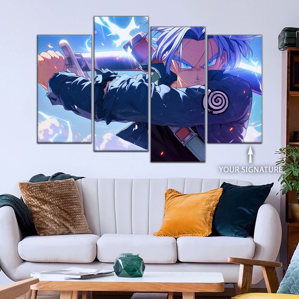 Dragon Ball Z Future Trunks Canvas Wall Art - 5 Piece Split Panel Anime Poster - Framed Ready to Hang Living Room Man Cave Decor - DR5109
