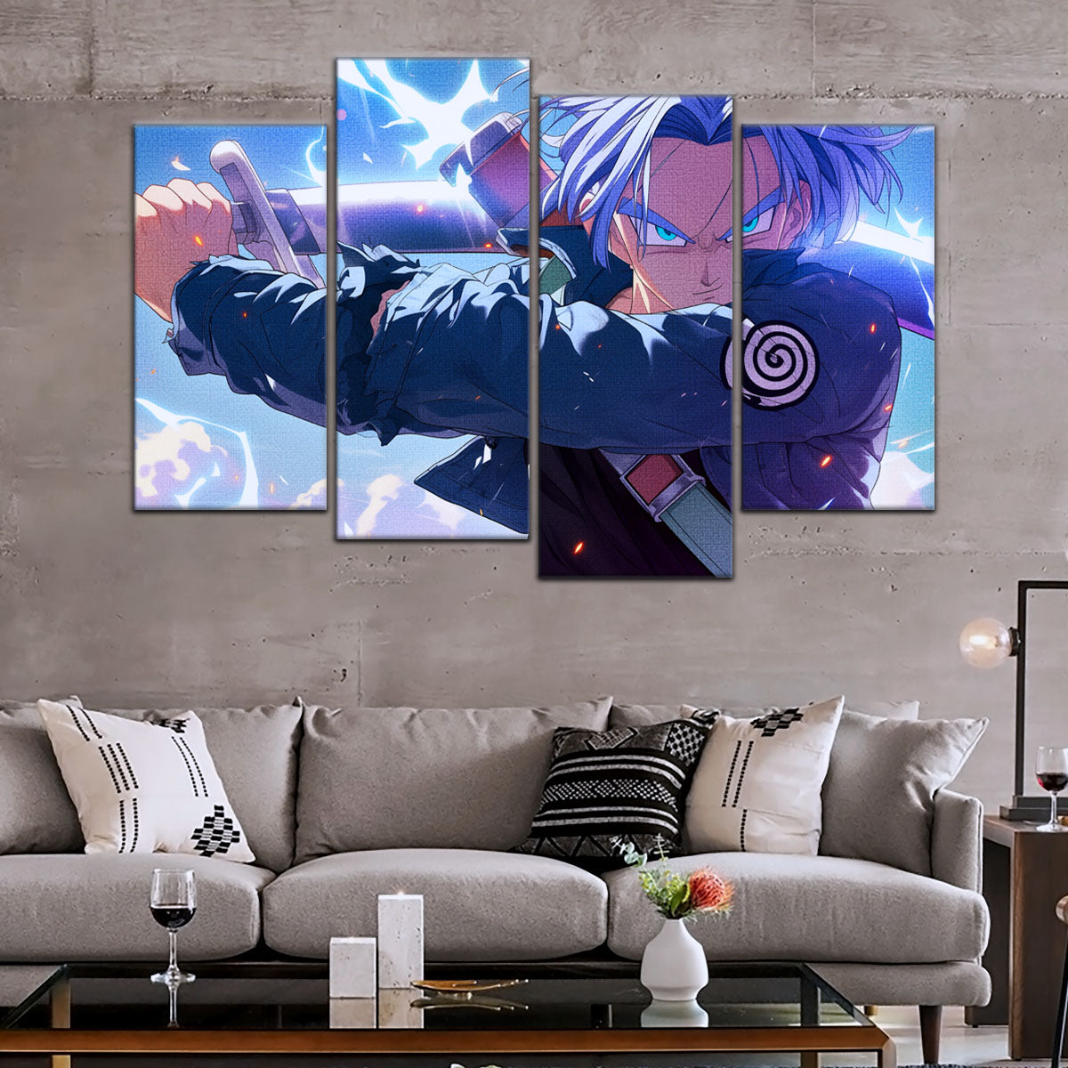 Dragon Ball Z Future Trunks Canvas Wall Art - 5 Piece Split Panel Anime Poster - Framed Ready to Hang Living Room Man Cave Decor - DR5109