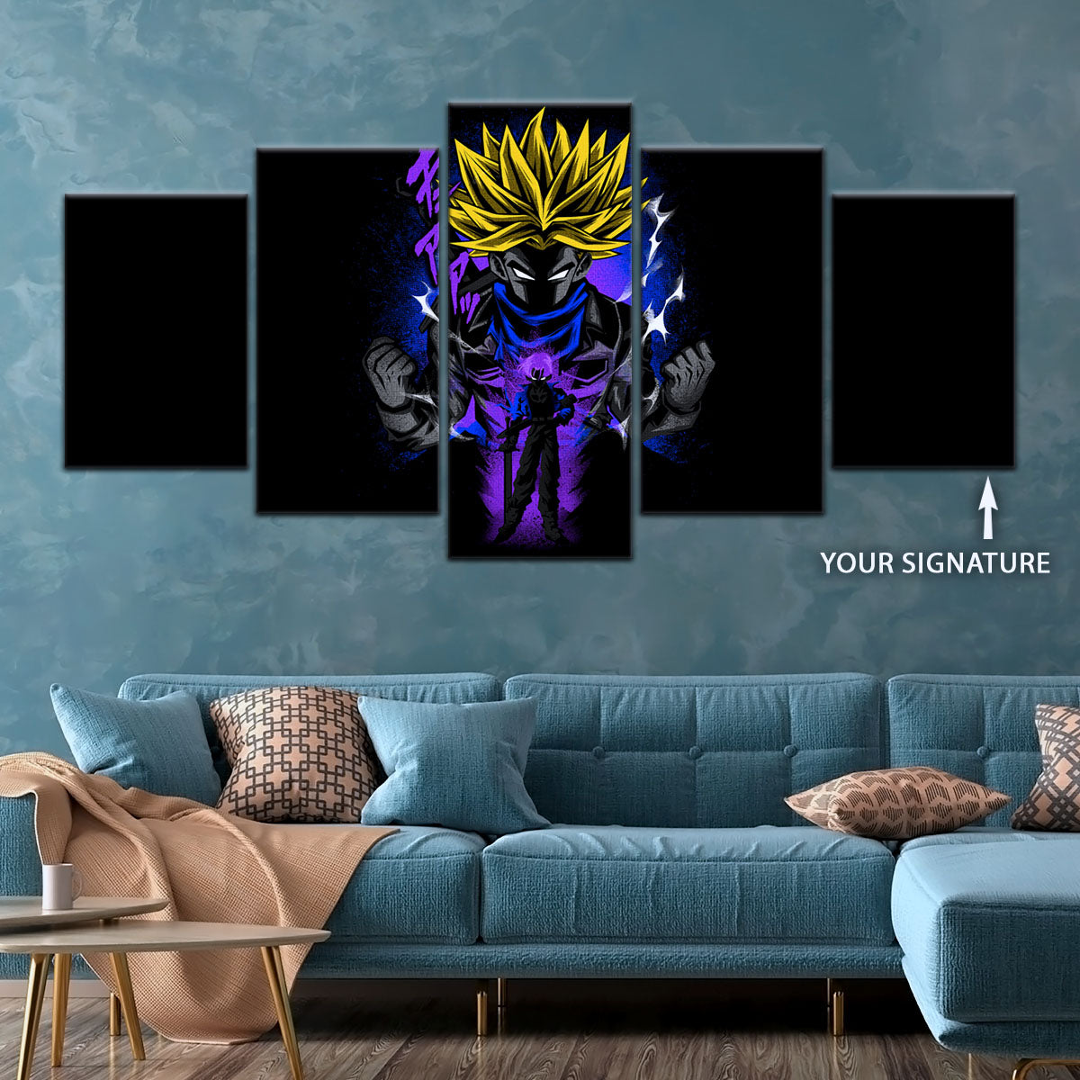 Dragon Ball Z Future Trunks Super Saiyan Canvas Wall Art - 5 Piece Split Panel DBZ Poster - Framed Ready to Hang Living Room Man Cave Decor - DR5108