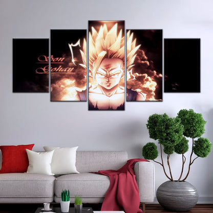 Dragon Ball Z Gohan Super Saiyan Canvas Wall Art - 5 Piece Split Panel Anime Poster - Framed Ready to Hang Living Room Man Cave Decor - DR5032