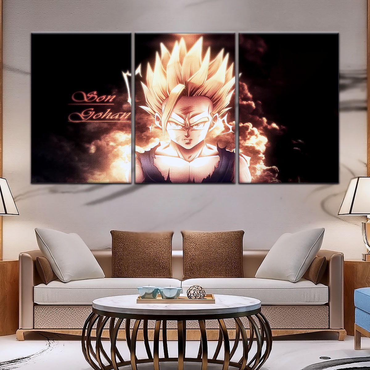 Dragon Ball Z Gohan Super Saiyan Canvas Wall Art - 5 Piece Split Panel Anime Poster - Framed Ready to Hang Living Room Man Cave Decor - DR5032