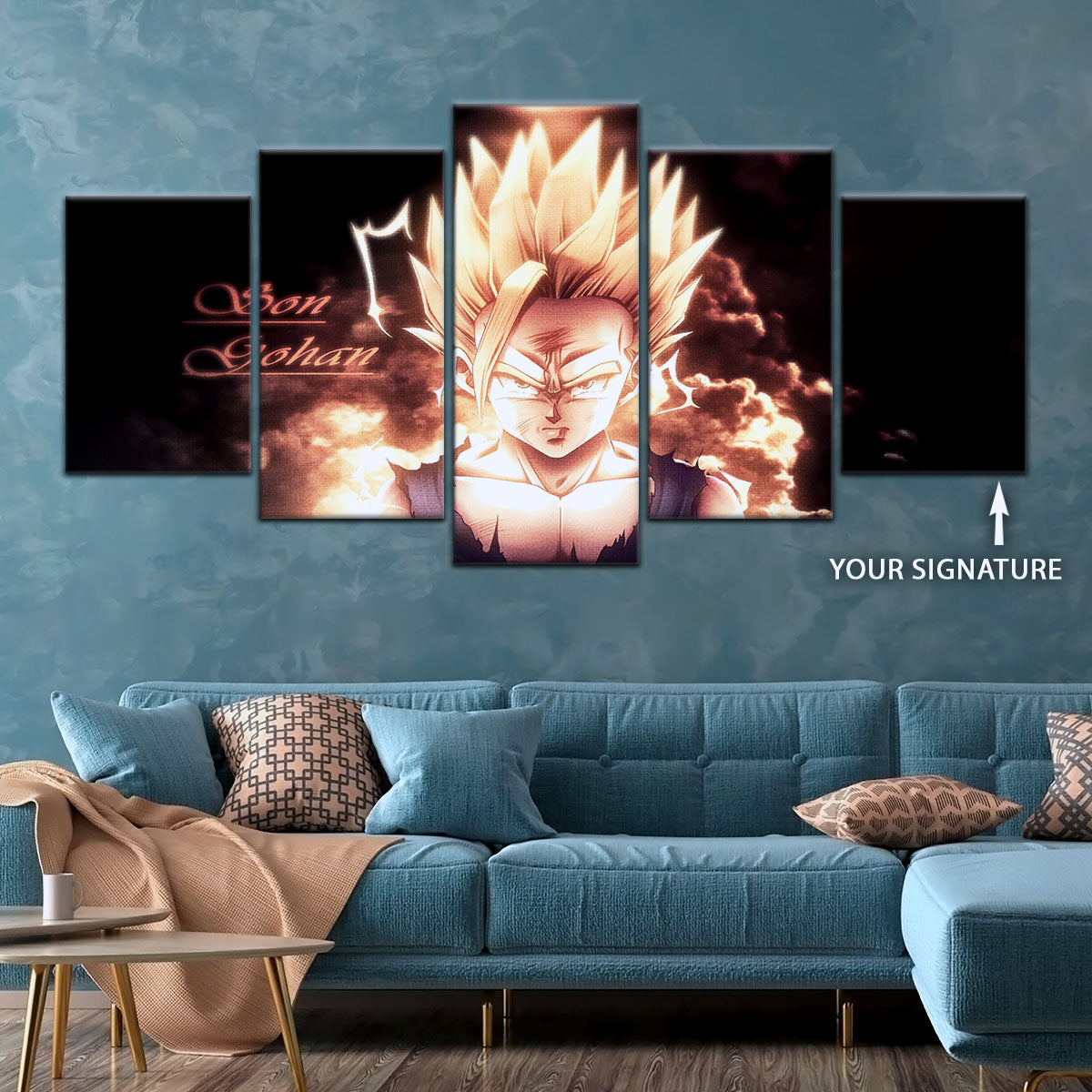Dragon Ball Z Gohan Super Saiyan Canvas Wall Art - 5 Piece Split Panel Anime Poster - Framed Ready to Hang Living Room Man Cave Decor - DR5032