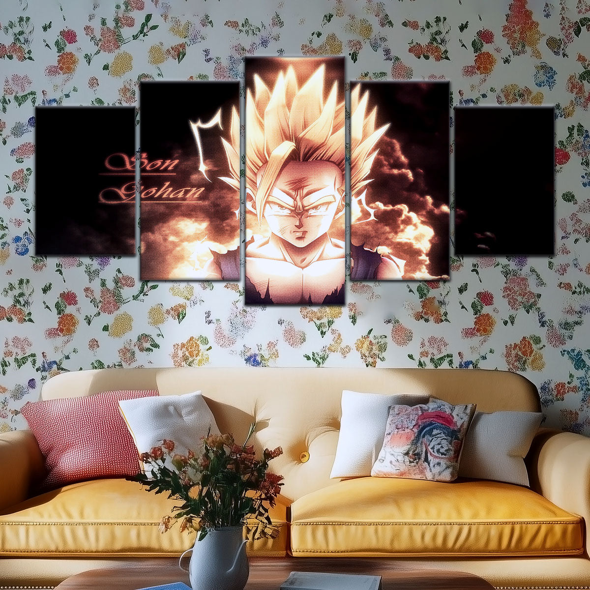 Dragon Ball Z Gohan Super Saiyan Canvas Wall Art - 5 Piece Split Panel Anime Poster - Framed Ready to Hang Living Room Man Cave Decor - DR5032