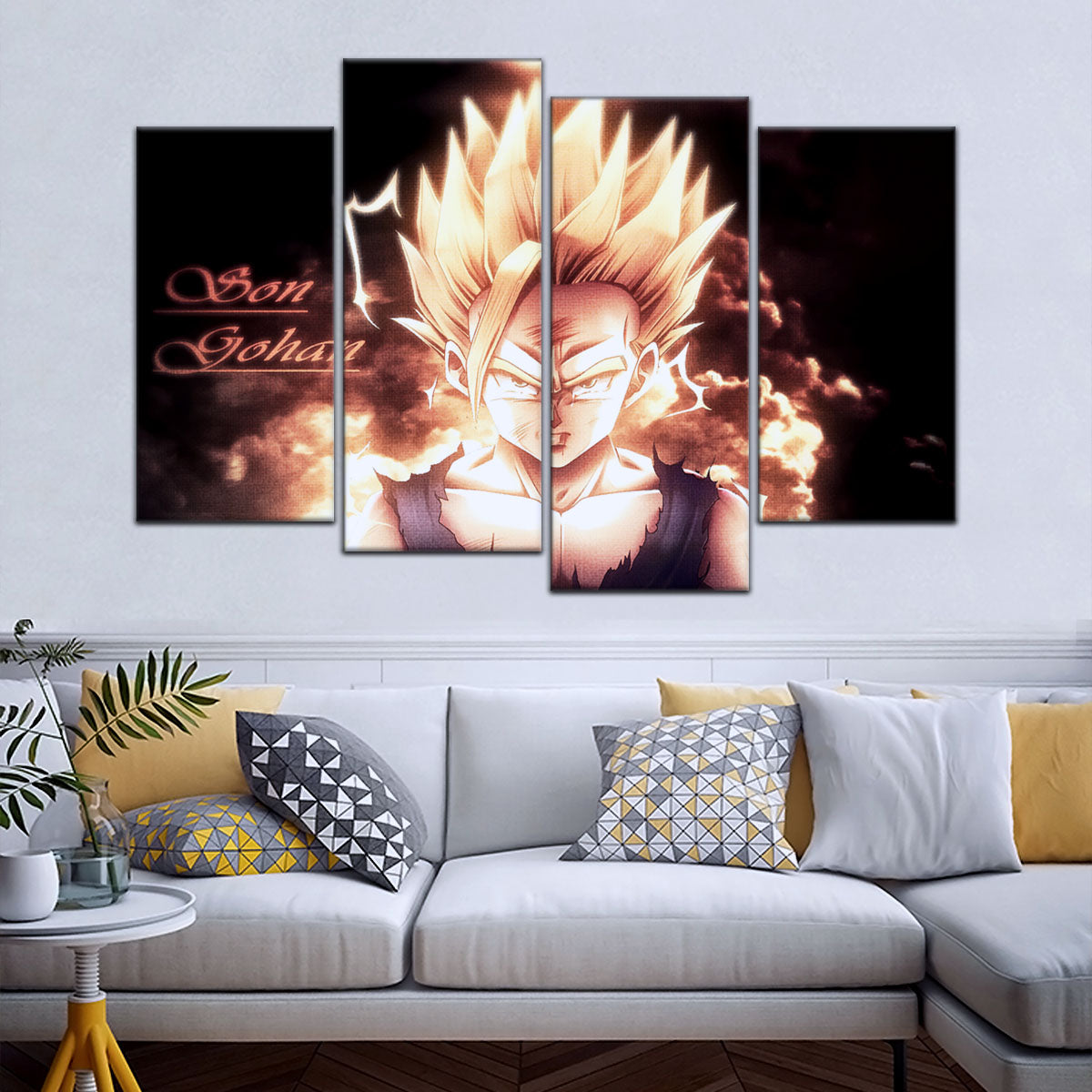Dragon Ball Z Gohan Super Saiyan Canvas Wall Art - 5 Piece Split Panel Anime Poster - Framed Ready to Hang Living Room Man Cave Decor - DR5032