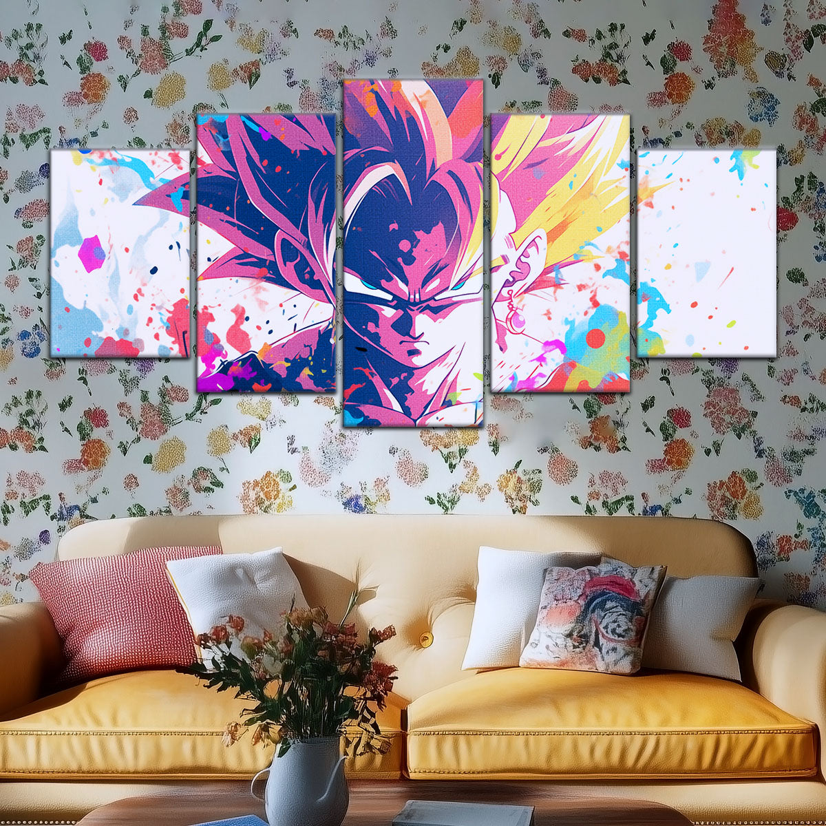 Dragon Ball Z Goku Super Saiyan Canvas Wall Art - 5 Piece Split Panel Anime Poster - Framed Ready to Hang Living Room Man Cave Decor - DR5038