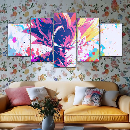 Dragon Ball Z Goku Super Saiyan Canvas Wall Art - 5 Piece Split Panel Anime Poster - Framed Ready to Hang Living Room Man Cave Decor - DR5038